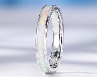 Unique 3mm Opal Wedding Band, 18K White Gold Ring, Vintage Full Eternity Band, Dainty Stackable Matching Band, Anniversary Ring for Women