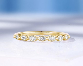 Vintage Marquise Cut Diamond Wedding Band, Handmade White Gold Band, Delicate Seven Stone Ring, Stacking Matching Ring, Bridal Promise Ring