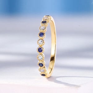 Vintage Sapphire & Aquamarine Wedding Band,Dainty Half Eternity Band,Yellow Gold Milgrain Band Ring,Simple Stacking Bridal Ring by HelloRing