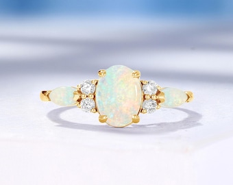 Classic White Opal Engagement Ring: Cluster Moissanite, Yellow Gold Band, Custom Birthstone Ring