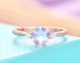 Rose Gold Hexagon Moonstone engagement ring Unique hammered Bridal vintage Art deco diamond Birthstone Anniversary Promise ring