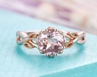 Morganite engagement ring Vintage Rose gold Round cut Diamond Women Wedding Unique Twisted Leaf Art deco Milgrain Anniversary  ring