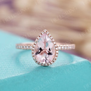 Pear cut engagement ring Rose gold Morganite Wedding ring Vintage Halo diamond ring Anniversary ring bridal ring Half eternity Promise ring