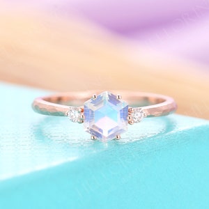 Rose Gold Hexagon Moonstone engagement ring Unique hammered Bridal vintage Art deco diamond Birthstone Anniversary Promise ring