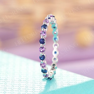 Amethyst & Sapphire Full Eternity Wedding Band, Stacking Matching Ring, Unique Bridal Ring, Anniversary Promise Ring, Rings for Women