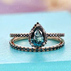 Vintage teal sapphire engagement ring set blue green sapphire ring black diamond wedding band half eternity ring art deco promise ring image 3