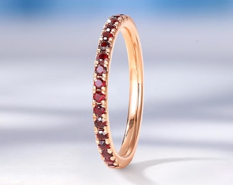 Vintage Simple Garnet Wedding Band, Half Eternity Ring, Yellow Gold Minimalism Stackable Matching Ring, Bridal Ring, Birthstone Pave Ring