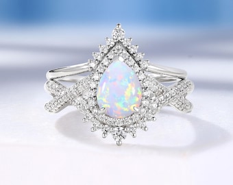 Vintage Pear Opal Engagement Ring Set, Handmade White Gold Ring, Unique Halo Diamond Moissanite Wedding Ring, Larimar Ring, Anniversary Ring