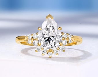 Vintage Pear Lab Grown Diamond Engagement Ring, Skirt Hem Design Cluster Diamond Ring, Solid Gold Ring, Moissanite Promise Ring for Women