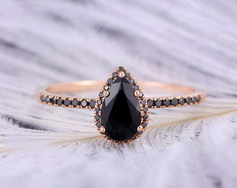 Vintage Pear shaped Black onyx engagement ring art deco ring Rose gold Ring black diamond Halo Anniversary Bridal ring Half eternity ring