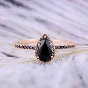 Vintage Pear shaped Black onyx engagement ring art deco ring Rose gold Ring black diamond Halo Anniversary Bridal ring Half eternity ring