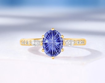 Starburst Fantasy Cut Cornflower Sapphire Engagement Ring: Cluster Diamond, Solid Gold Band, Custom Proposal Ring