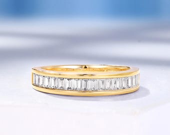 Baguette Cut Moissanite Half Eternity Wedding Band, 14K Yellow Gold Anniversary Promise Ring by HelloRing