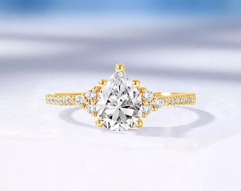 Pear Moissanite Engagement Ring, Yellow Gold, Half Eternity Band, Handmade Promise Ring