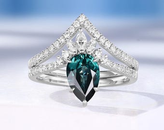 Vintage Teal Sapphire Engagement Ring Set, Half Eternity Wedding Band, Custom By HelloRing