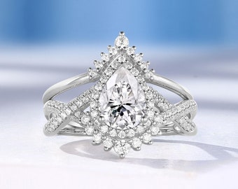 Vintage Pear Moissanite Engagement Ring Set, White Gold Twisted Ring, Halo Diamond Moissanite Ring, Chevron Wedding Band, Anniversary Ring