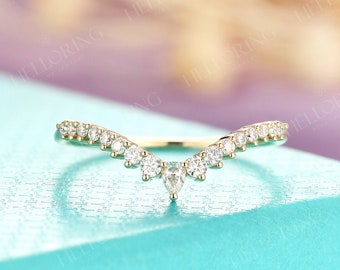 Curved wedding band solid gold pear shaped diamond Moissanite band Chevron Matching Stacking ring Unique band Promise Anniversary band