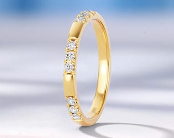 Minimalist Lab Grown Diamond Wedding Band, Handmade Solid Gold Band, Custom Stackable Matching Ring for Women, Anniversary Promise Ring