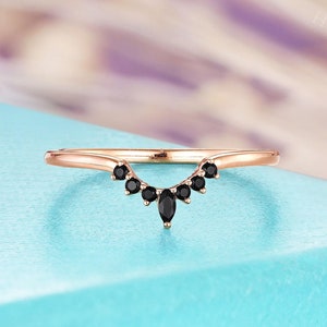 Black Diamond Curved Wedding Band, 18K Rose Gold Ring, Marquise Black Diamond Ring, Elegant Matching Ring, Women Anniversary Promise Ring