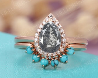 Salt and Pepper Diamond engagement ring set rose gold Curved Turquoise wedding band Pear shaped ring Halo Diamond Moissanite bridal ring