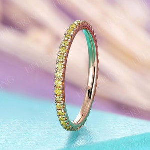 Yellow Diamond Wedding Band  Full Eternity stacking Birthstone Bridal Micro Pave Everyday ring simple matching Promise Anniversary ring