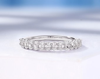Moissanite Half Eternity Wedding Band, White Gold, Custom Oval Cut Birthstone Stackable Ring