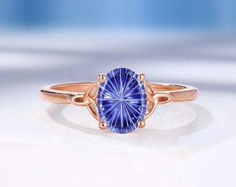 Starburst Fantasy Cut Sapphire Engagement Ring: Celtic Rose Gold Band, Anniversary Ring for Women