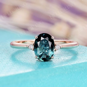 Oval Teal Sapphire engagement ring blue green sapphire ring rose gold diamond cluster ring bridal ring Promise Anniversary ring