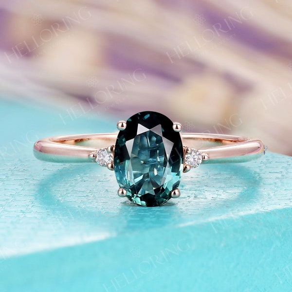 Oval Teal Sapphire engagement ring blue green sapphire ring rose gold diamond cluster ring bridal ring Promise Anniversary ring