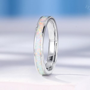ユニークな3mmオパール結婚指輪、18Kホワイトゴールドリング、ヴィンテージフルエタニティバンド、上品な重ね付け可能なマッチングバンド、女性用アニバーサリーリング