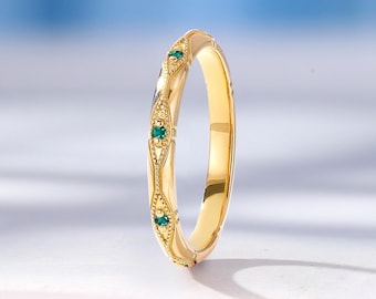 Art Deco Emerald Wedding Band, Custom Stacking Matching Solid Gold Band, Vintage Sapphire Band, Unique Women's Aquamarine Wedding Band