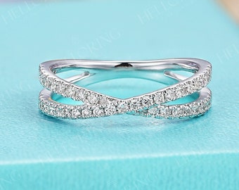 Criss cross diamond wedding band vintage Crossover ring Micro pave ring Unique wedding band white gold matching stacking ring Bridal ring