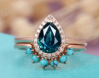 Teal sapphire engagement ring set Rose gold ring Turquoise Curved wedding band pear blue green sapphire halo ring diamond Anniversary ring