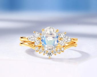 Moonstone Bridal Ring Set: Matching Moissanite Wedding Band, Yellow Gold Engagement Ring Set - HelloRing