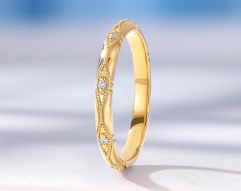 Vintage Diamond Wedding Band, Solid Gold, Unique Milgrain Band, Stackable Matching Anniversary Ring for Women