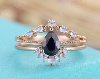 Pear shaped Black Onyx Engagement ring vintage rose gold moonstone wedding band milgrain band bridal Art deco ring Anniversary Promise ring