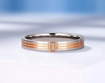 Two Tone Wedding Band, Rose & White Gold Double Bar Band, Diamond Anniversary Ring for Women