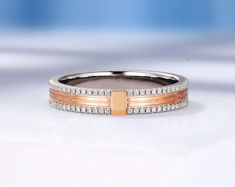Two Tone Mens Wedding Band, Double Row Diamond Ring, Rose & White Gold, Anniversary Ring for Him