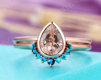 Vintage Morganite Engagement ring set rose gold art deco ring pear shaped curved turquoise Wedding band bridal set Anniversary ring