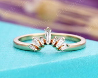 Vintage Curved baguette Diamond wedding band white gold ring Matching Stacking ring Promise ring personalized rings Anniversary ring
