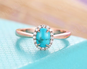 Turquoise engagement ring Rose gold wedding ring Vintage Art deco Oval cut Bridal  Simple halo diamond ring Anniversary Promise ring