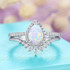 Vintage Pear shaped Lab opal Engagement ring set White gold Moissanite Diamond Wedding ring halo Anniversary ring promise ring