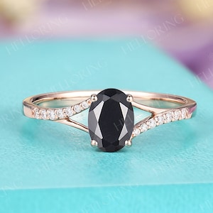 Oval black onyx Engagement ring Rose gold ring Branch band Vintage Diamond ring Unique ring prong set ring Anniversary Promise ring