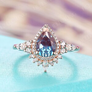 Vintage pear shape lab alexandrite engagement ring rose gold halo ring marquise cut moissanite ring round cut ring anniversary bridal ring