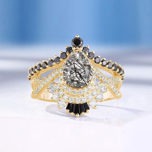 Vintage Pear Black Rutilated Quartz Engagement Ring, 14K Gold Ring, Pave Black Diamond & Black Onyx Ring, Twisted Moissanite Bridal Ring Set