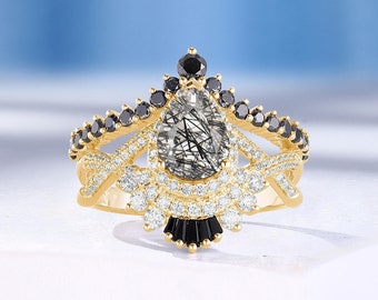 Vintage Pear Black Rutilated Quartz Engagement Ring, 14K Gold Ring, Pave Black Diamond & Black Onyx Ring, Twisted Moissanite Bridal Ring Set