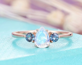 Moonstone engagement ring Rose gold ring pear cut ring alexandrite ring vintage Art deco moonstone wedding ring Anniversary Promise ring