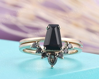 Unique black onyx engagement ring set Coffin shaped onyx ring Yellow gold wedding ring set Salt and pepper diamond anniversary wedding band