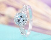 Aquamarine engagement ring Solid gold Art deco engagement ring Vintage Antique diamond wedding Flower Bridal Anniversary ring