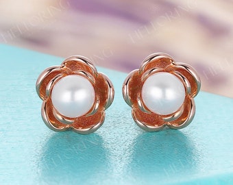 Romantic FreshWater Pearl Earring Studs Nature inspired Floral Studs Rose Gold Daily Wearing Silver Earrings Modern Mama's Studs Earrings